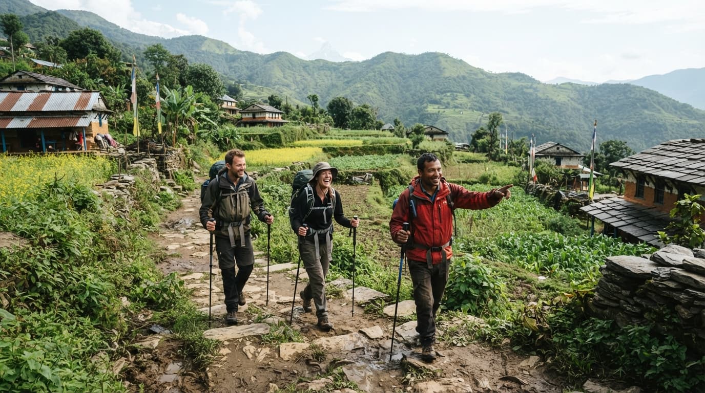 Trekkers beginning the Mardi Himal Trek from Kande on a forested Himalayan trail.