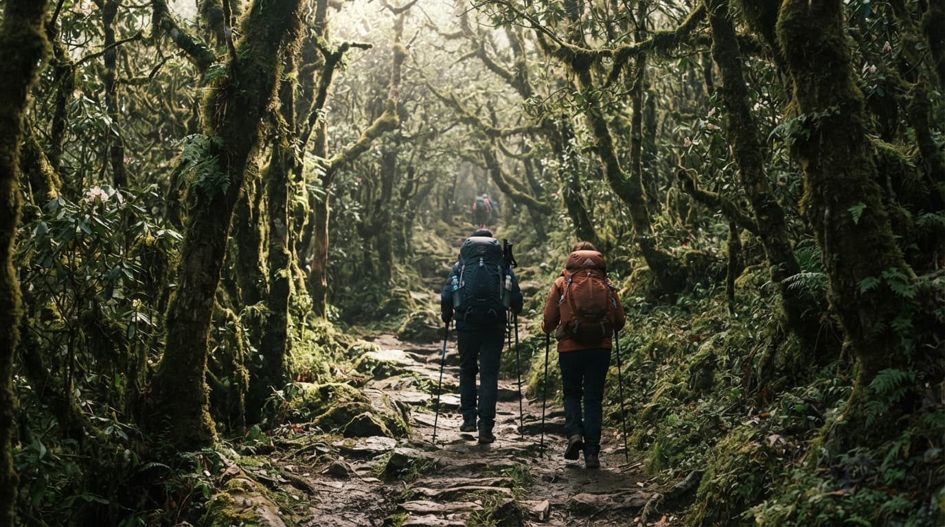 Trekkers walking through a rhododendron forest on the Mardi Himal Trek.