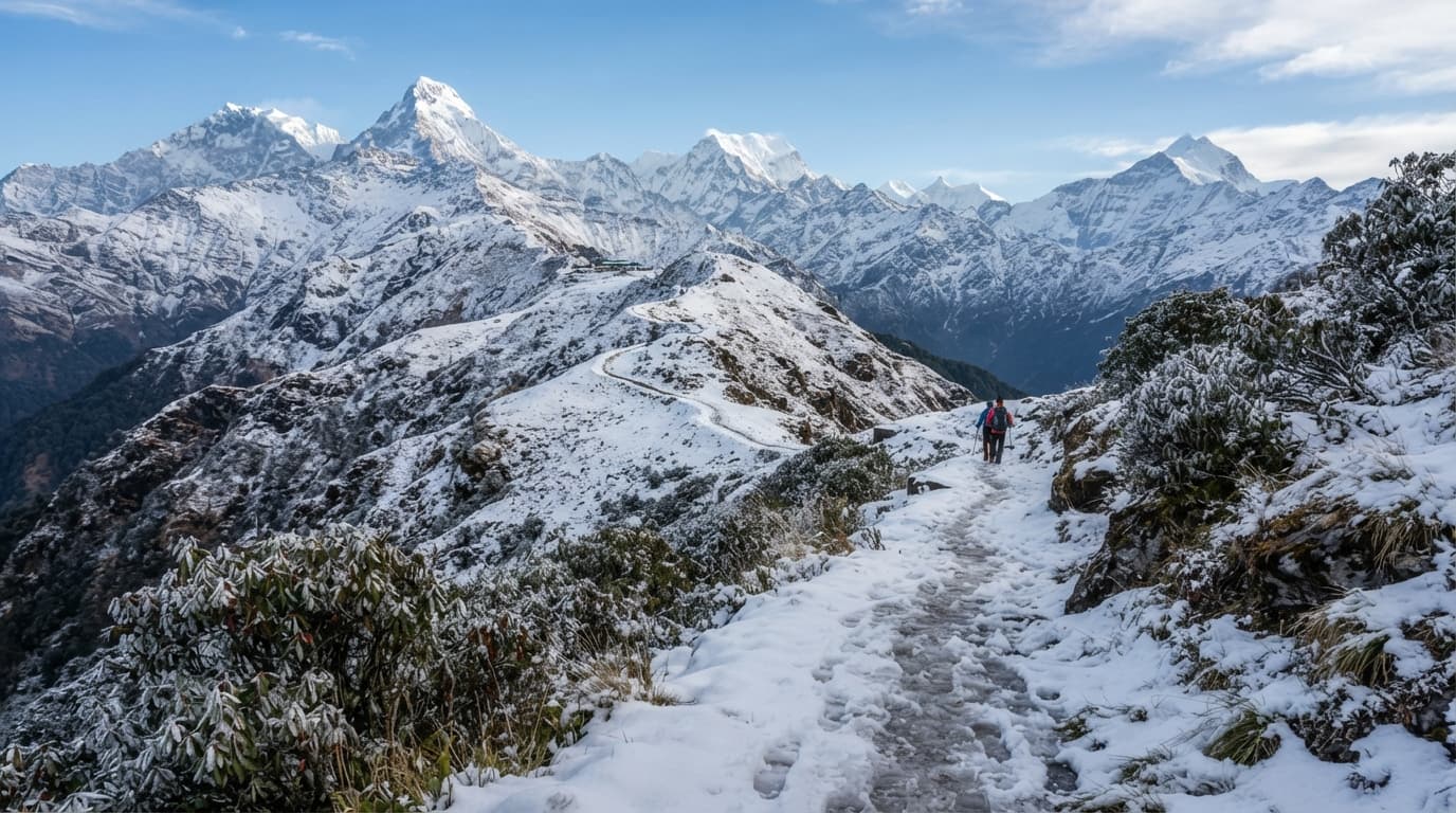 Snow-covered trail leading toward Mardi Himal.