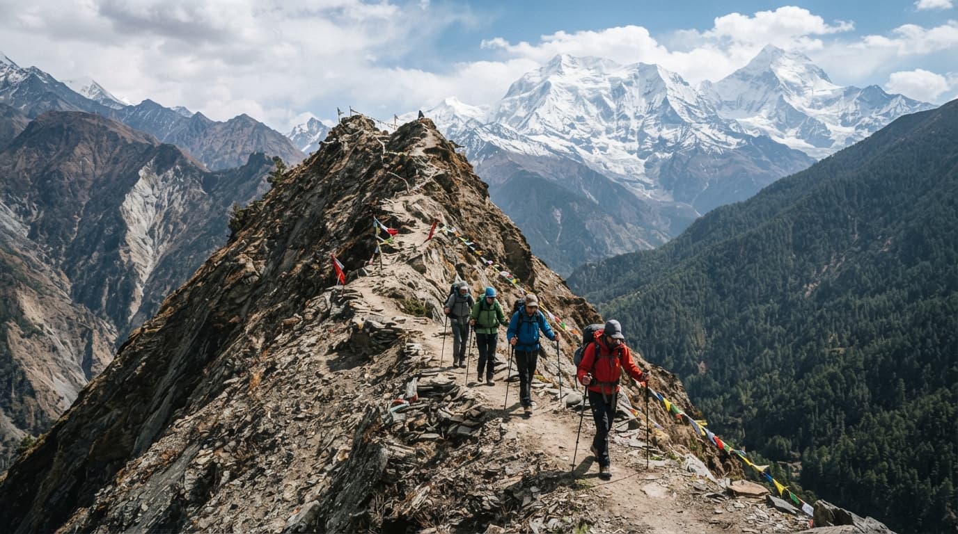 Trekkers crossing a ridge on the Mardi Himal Trek.