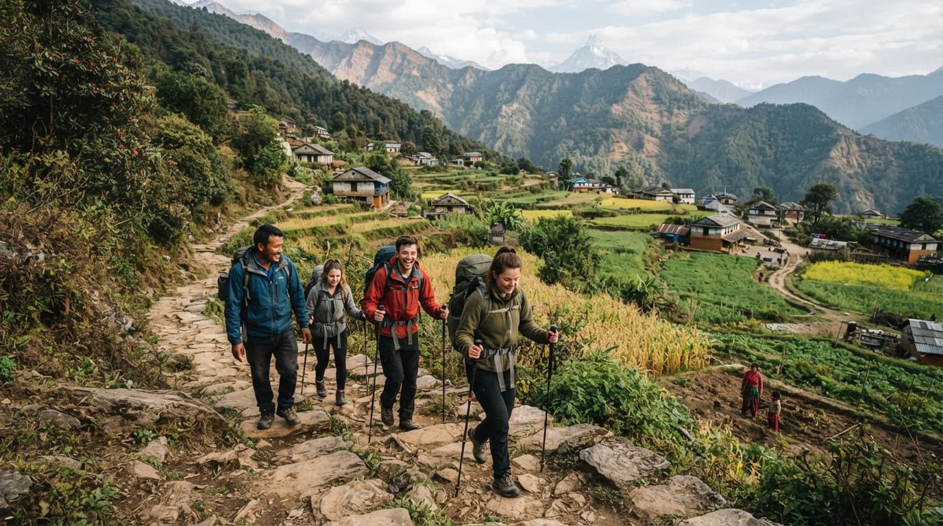 Trekkers descending toward Siding Village through forests and traditional Himalayan farmland.