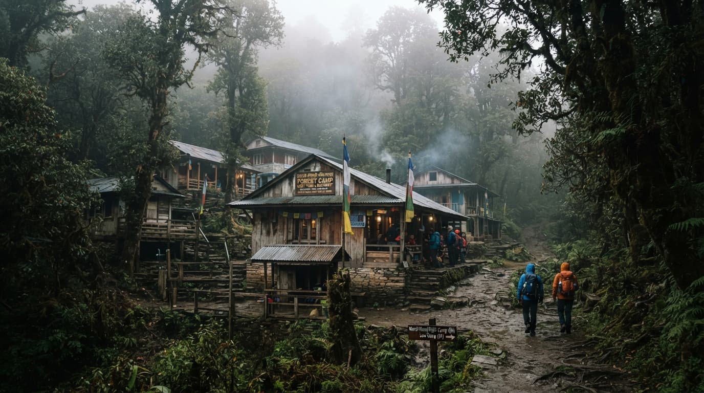 Forest Camp surrounded by mist and pine trees.