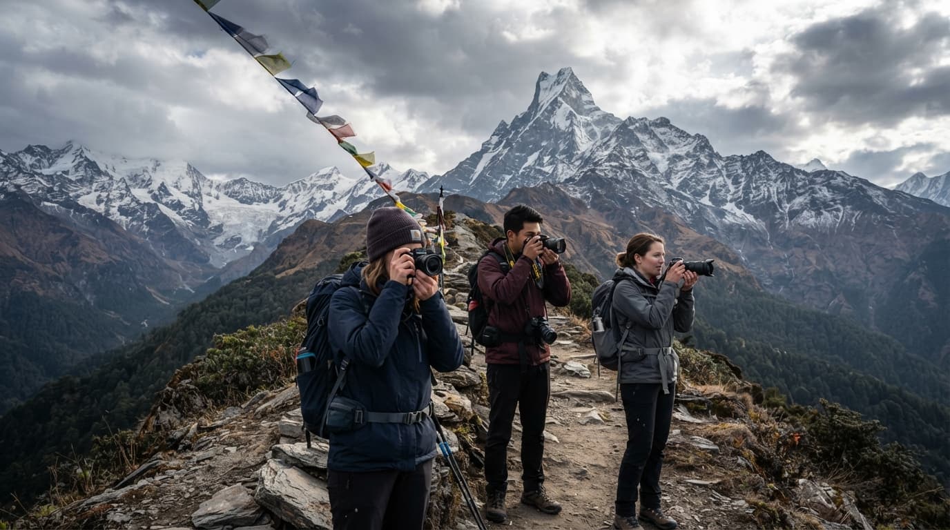 Trekkers enjoying views of Machhapuchhre on the Mardi Himal Trek.