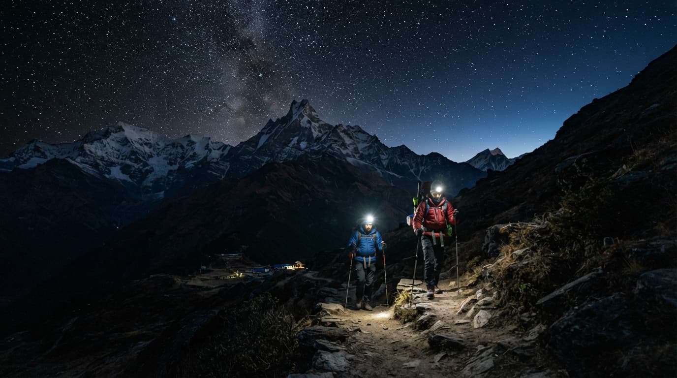 Trekkers hiking to Mardi Himal Base Camp before sunrise.