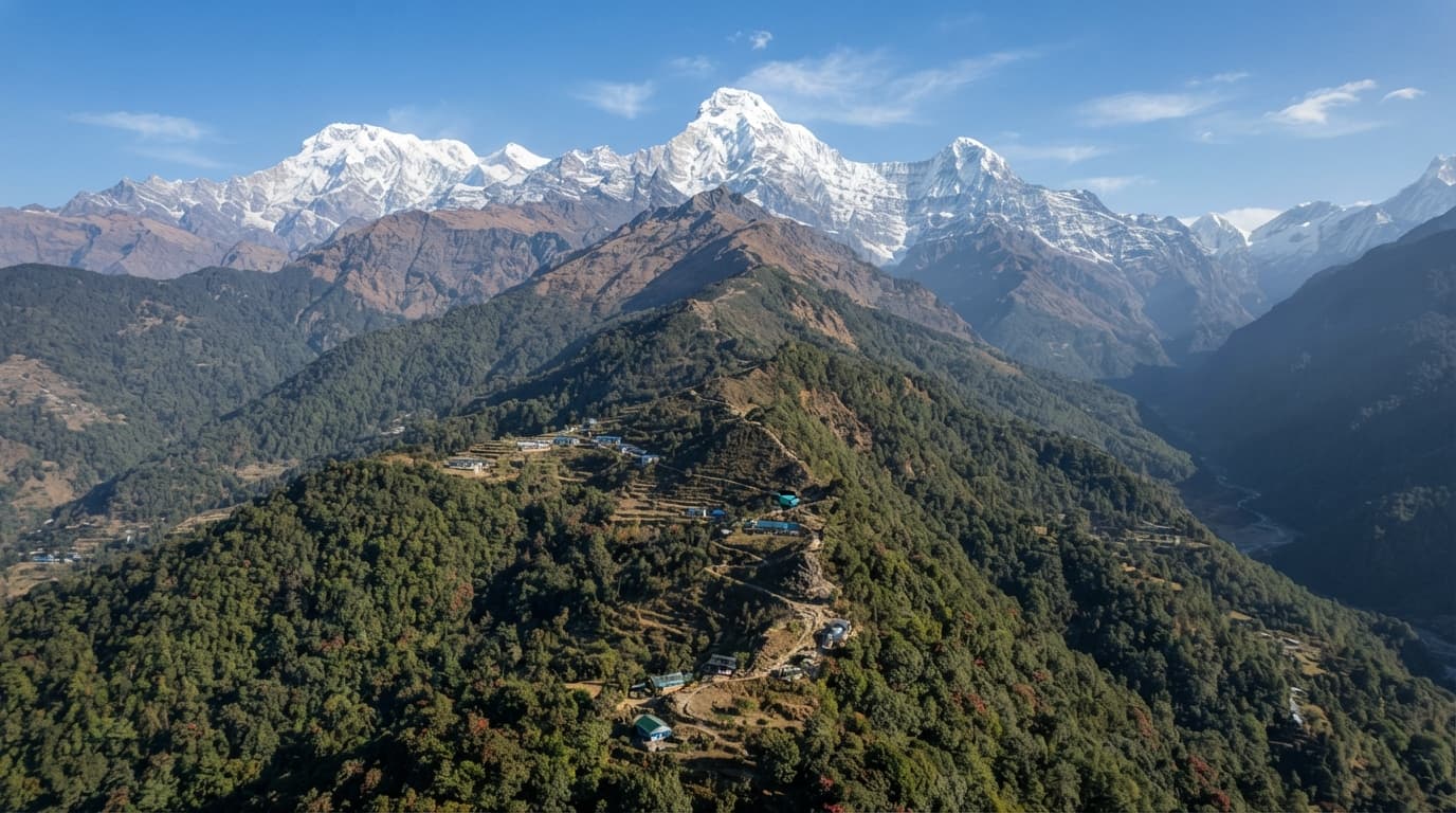 Aerial view of the Mardi Himal Trek and Annapurna range.
