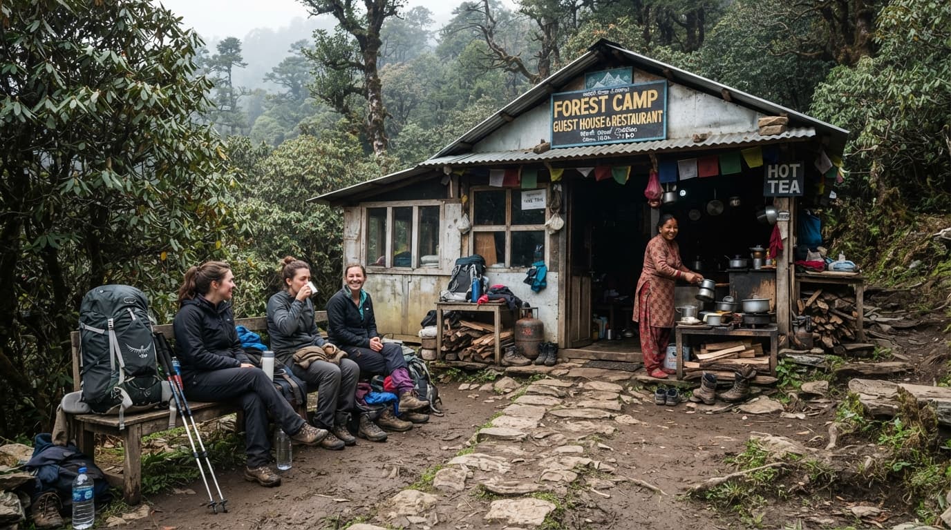 Authentic teahouse surrounded by rhododendron forest at Forest Camp on the Mardi Himal Trek.