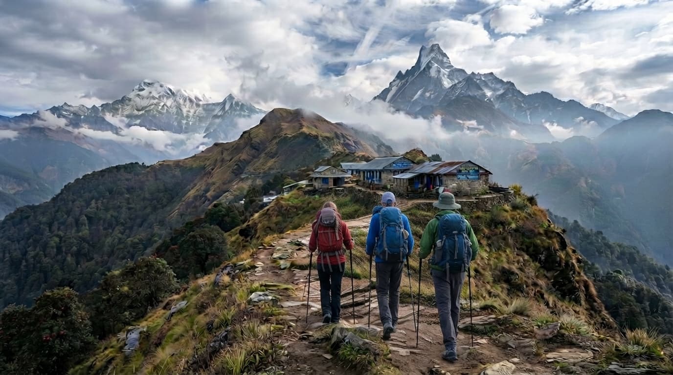 Trekkers approaching Mardi Himal High Camp with Machhapuchhre and Annapurna mountains in the background.