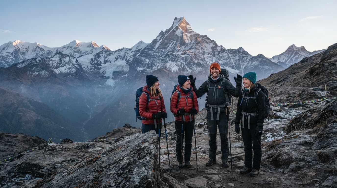 Trekkers at Mardi Himal Base Camp at sunrise with Machhapuchhre and Annapurna mountains.
