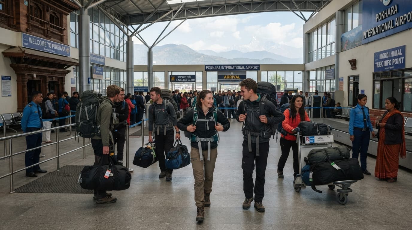 International trekkers arriving at Pokhara International Airport in Nepal before the Mardi Himal Trek.