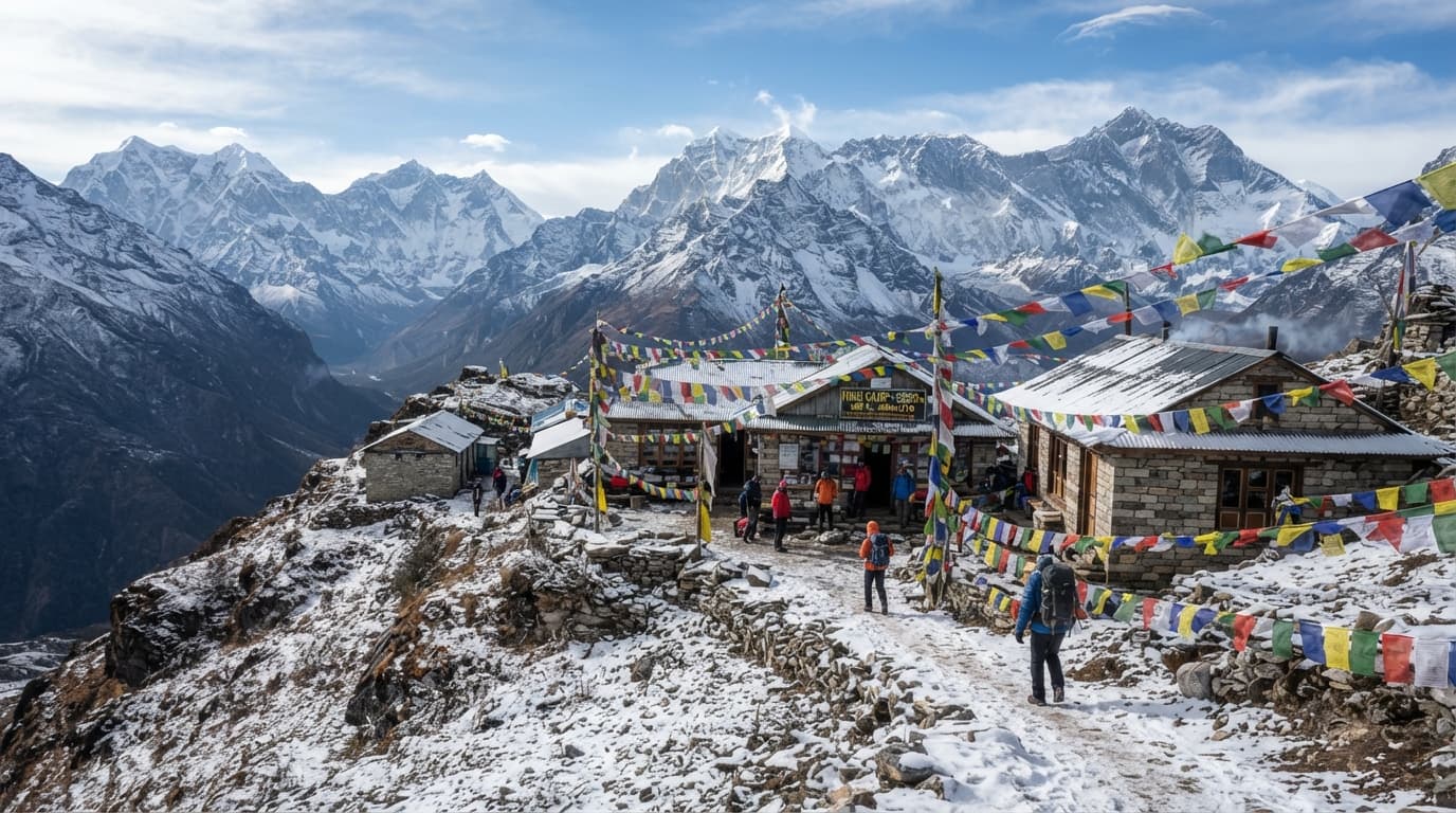 High Camp with prayer flags and snowy mountains.
