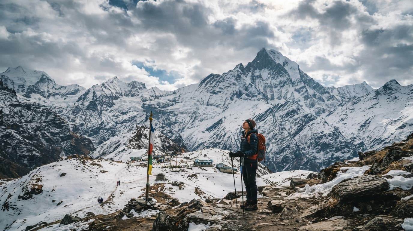 Trekker at Mardi Himal Base Camp with surrounding peaks.