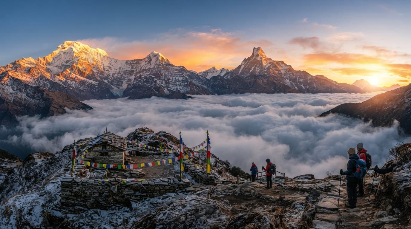 Sunrise over the Annapurna range from High Camp.